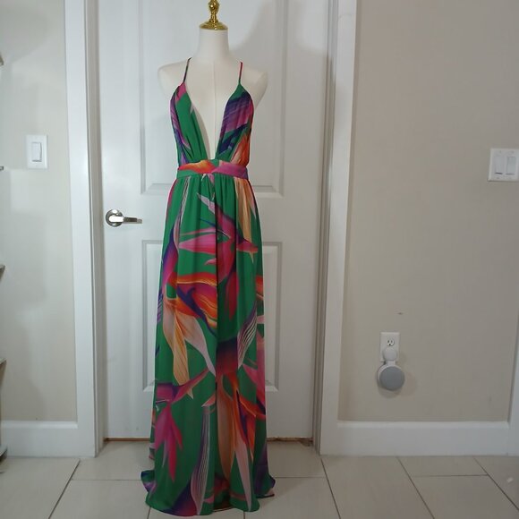 Shein Maxi Dress Women’s Size L Multicolor Deep V Neck Backless Halter - Picture 2 of 8